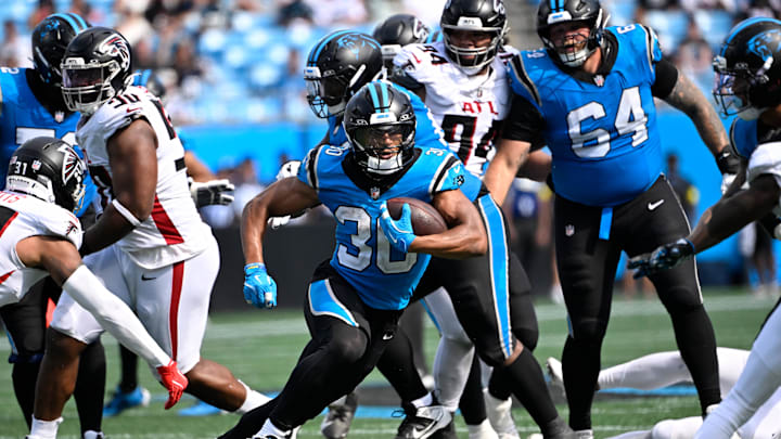 Sep 21, 2025; Charlotte, North Carolina, USA;  Carolina Panthers running back Chuba Hubbard (30) with the ball in the fourth quarter at Bank of America Stadium. Mandatory Credit: Bob Donnan-Imagn Images
