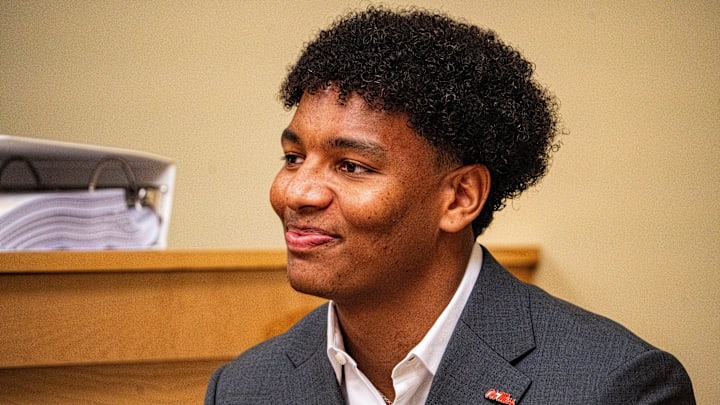 Ole Miss quarterback Trinidad Chambliss testifies during the hearing in his lawsuit against the NCAA at Calhoun County Courthouse in Pittsboro, Miss., on Thursday, Feb. 12, 2026. Chambliss is looking for a temporary injunction and a permanent injunction against the NCAA for one more year of eligibility.