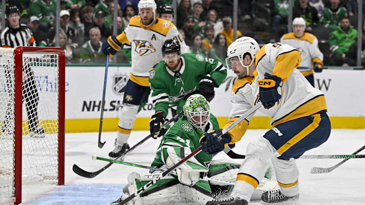 Jan 6, 2024; Dallas, Texas, USA; Nashville Predators left wing Filip Forsberg (9) scores a goal