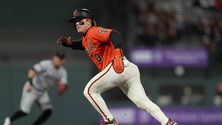 Aug 28, 2026; San Francisco, California, USA;  San Francisco Giants center fielder Drew Gilbert (0) runs during the fifth inning against the Arizona Diamondbacks at Oracle Park.  Mandatory Credit: Stan Szeto-Imagn Images