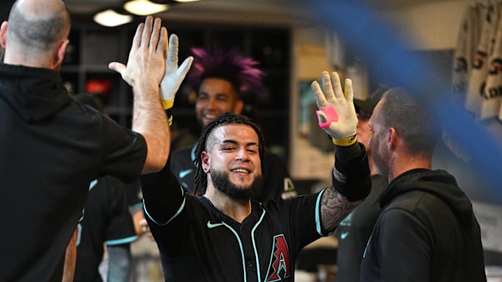 Sep 21, 2024; Milwaukee, Wisconsin, USA; Arizona Diamondbacks catcher Jose Herrera (11) celebrates hitting home run against the Milwaukee Brewers in the fifth inning  at American Family Field. Mandatory Credit: Michael McLoone-Imagn Images
