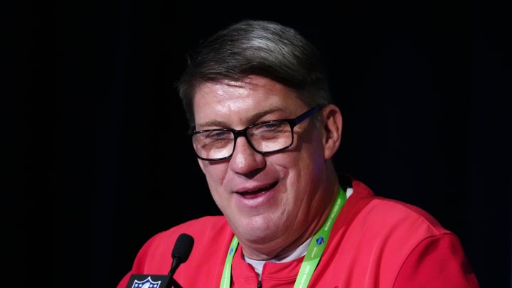 Mar 1, 2022; Indianapolis, IN, USA; Tampa Bay Buccaneers general manager Jason Licht during the NFL Mar 1, 2022; Indianapolis, IN, USA; Tampa Bay Buccaneers general manager Jason Licht during the NFL