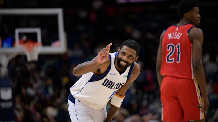 Jan 29, 2025; New Orleans, Louisiana, USA; Dallas Mavericks guard Kyrie Irving (11) reacts to a fan during the second half against the New Orleans Pelicans at Smoothie King Center. Mandatory Credit: Matthew Hinton-Imagn Images Jan 29, 2025; New Orleans, Louisiana, USA; Dallas Mavericks guard Kyrie Irving (11) reacts to a fan during the second half against the New Orleans Pelicans at Smoothie King Center. Mandatory Credit: Matthew Hinton-Imagn Images