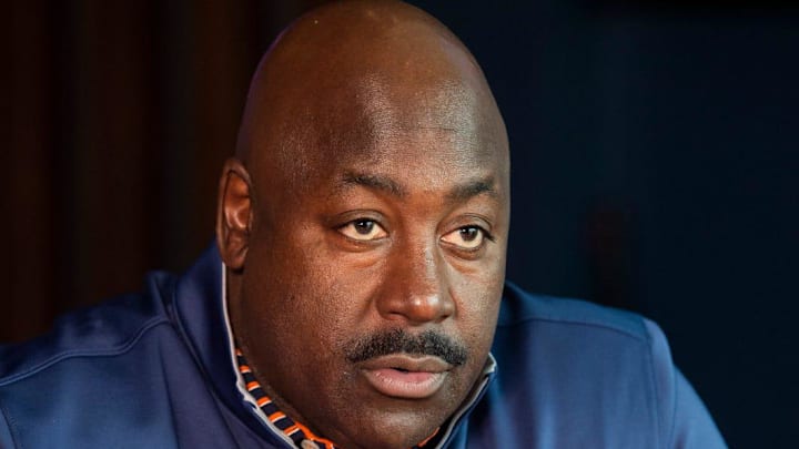 Auburn secondary coach Wesley McGriff is interviewed at the Woltosz Football Performance Center in
