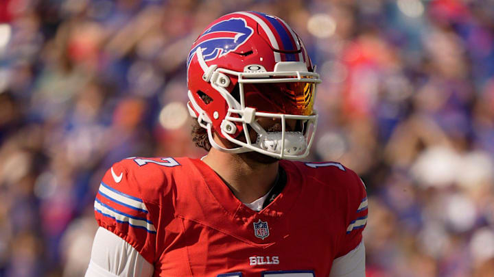 Buffalo Bills quarterback Josh Allen wears a red helmet, the only player wearing a red helmet, during the Return of the Blue Red practice at Highmark Stadium in Orchard Park on Aug.1, 2025. Buffalo Bills quarterback Josh Allen wears a red helmet, the only player wearing a red helmet, during the Return of the Blue Red practice at Highmark Stadium in Orchard Park on Aug.1, 2025.
