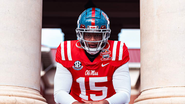 Ole Miss defensive end Jared Ivey modeling the Rebels' uniform choice for the Gator Bowl matchup against Duke. Ole Miss defensive end Jared Ivey modeling the Rebels' uniform choice for the Gator Bowl matchup against Duke.