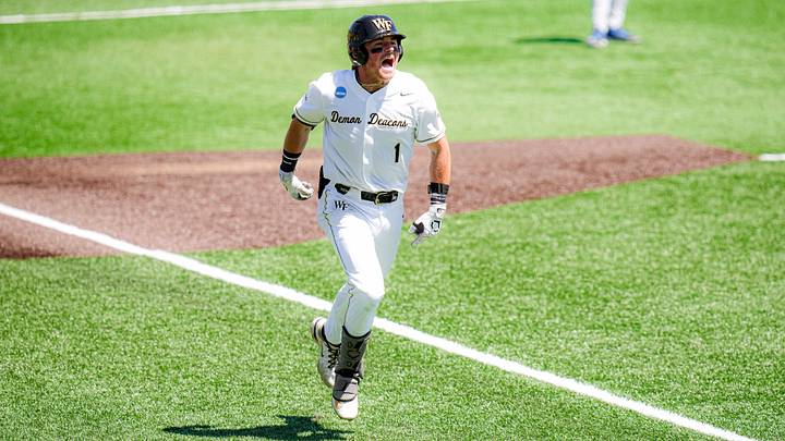 Wake Forest Third Baseman Dalton Wentz celebrates after hitting the game tying home run in the bottom of the 8th inning in the Morgantown Regional game against Kentucky. Wake Forest Third Baseman Dalton Wentz celebrates after hitting the game tying home run in the bottom of the 8th inning in the Morgantown Regional game against Kentucky.