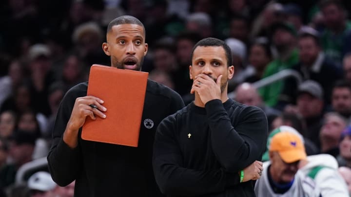 Dec 14, 2023; Boston, Massachusetts, USA; Boston Celtics head coach Joe Mazzulla and assistant coach Charles Lee watch from the sideline as they take on the Cleveland Cavaliers at TD Garden. Mandatory Credit: David Butler II-USA TODAY Sports