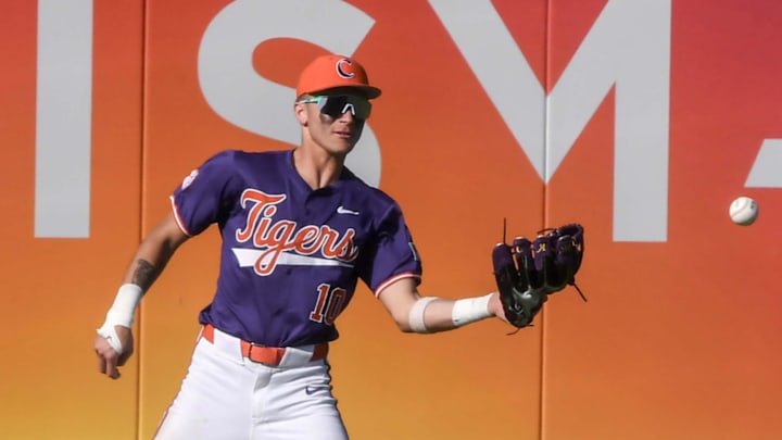 Clemson outfielder Cam Cannarella (10) drops a fly ball hit by South Carolina during the bottom of the seventh inning of the Reedy River Rivalry at Fluor Field in Greenville, S.C. Saturday, March 1, 2025.