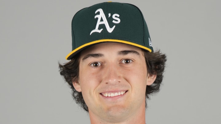 Feb 23, 2024; Mesa, AZ, USA; Oakland Athletics infielder Jacob Wilson (83) poses during Photo Day at Mesa Stadium. Mandatory Credit: Rick Scuteri-USA TODAY Sports Feb 23, 2024; Mesa, AZ, USA; Oakland Athletics infielder Jacob Wilson (83) poses during Photo Day at Mesa Stadium. Mandatory Credit: Rick Scuteri-USA TODAY Sports
