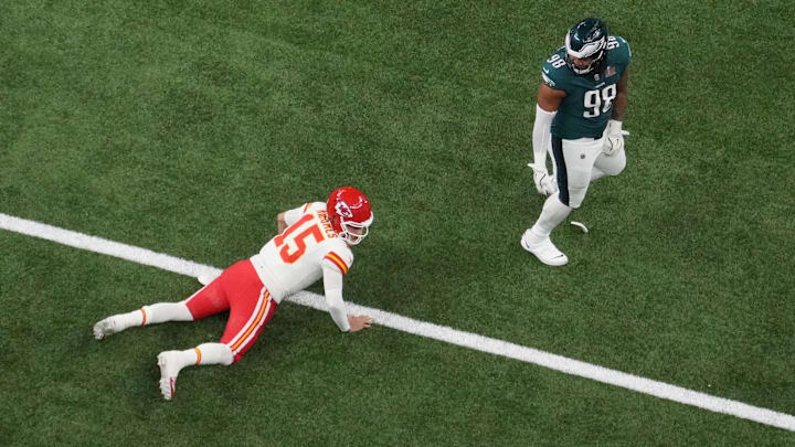 Philadelphia Eagles defensive tackle Jalen Carter looks back at Kansas City Chiefs quarterback Patrick Mahomes after an incomplete pass in the first quarter during Super Bowl LIX at Caesars Superdome. Philadelphia Eagles defensive tackle Jalen Carter looks back at Kansas City Chiefs quarterback Patrick Mahomes after an incomplete pass in the first quarter during Super Bowl LIX at Caesars Superdome.