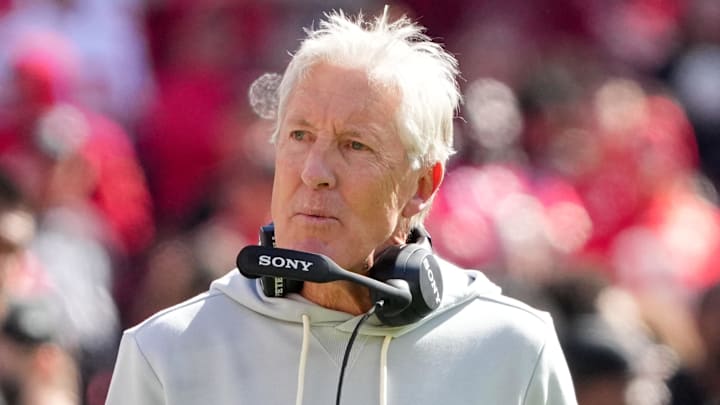 Oct 19, 2025; Kansas City, Missouri, USA; Las Vegas Raiders head coach Pete Carroll looks on during the second quarter of the game against the Kansas City Chiefs at GEHA Field at Arrowhead Stadium. Mandatory Credit: Denny Medley-Imagn Images