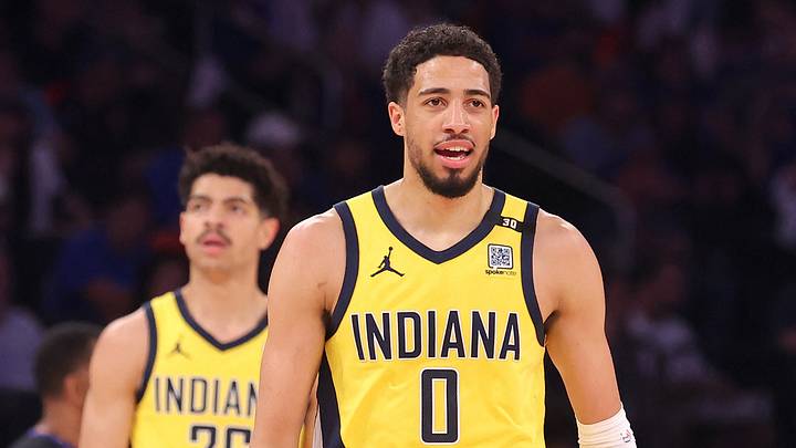 May 19, 2024; New York, New York, USA; Indiana Pacers guards Tyrese Haliburton (0) and Ben Sheppard (26) react during the first quarter of game seven of the second round of the 2024 NBA playoffs against the New York Knicks at Madison Square Garden. Mandatory Credit: Brad Penner-USA TODAY Sports