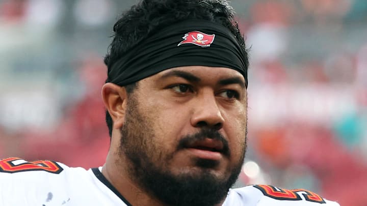 Aug 23, 2024; Tampa, Florida, USA; Tampa Bay Buccaneers defensive tackle Vita Vea (50) against the Miami Dolphins  at Raymond James Stadium. Mandatory Credit: Kim Klement Neitzel-Imagn Images