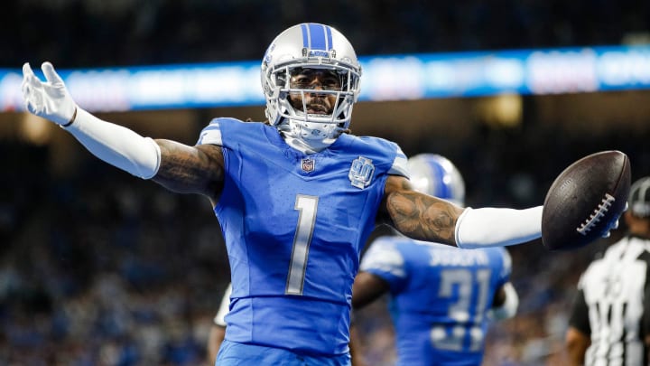 Lions cornerback Cam Sutton celebrates a play during the second half of the Lions' 42-24 win over the Panthers on Sunday, Oct. 8, 2023, at Ford Field.