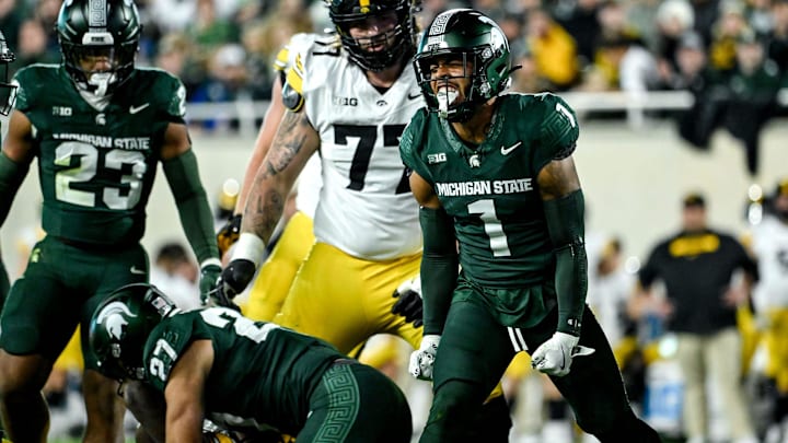 Michigan State's Nikai Martinez celebrates a defensive stop against Iowa in the first quarter on Saturday, Oct. 19, 2024, at Spartan Stadium in East Lansing.