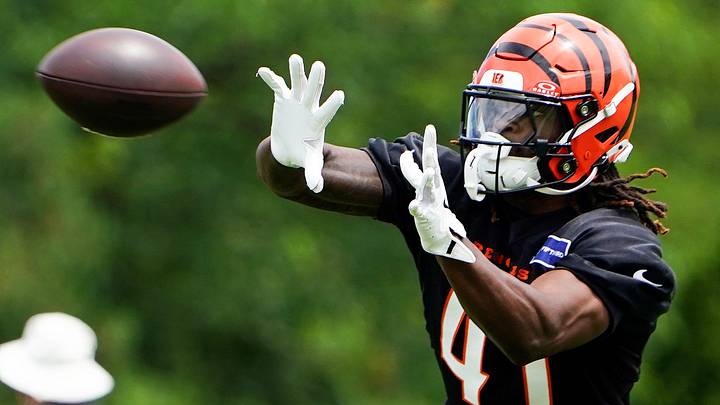 Cincinnati Bengals safety Isaiah Nwokobia (41) catches a pass during minicamp, Tuesday, June 16, 2026, at Kettering Health Practice Fields in downtown Cincinnati.