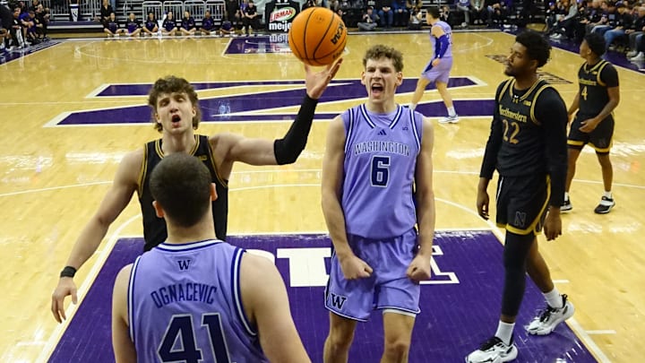 Jan 31, 2026; Evanston, Illinois, USA; Washington Huskies forward Hannes Steinbach (6) reacts after scoring against the Northwestern Wildcats during the first half at Welsh-Ryan Arena. Mandatory Credit: David Banks-Imagn Images Jan 31, 2026; Evanston, Illinois, USA; Washington Huskies forward Hannes Steinbach (6) reacts after scoring against the Northwestern Wildcats during the first half at Welsh-Ryan Arena. Mandatory Credit: David Banks-Imagn Images