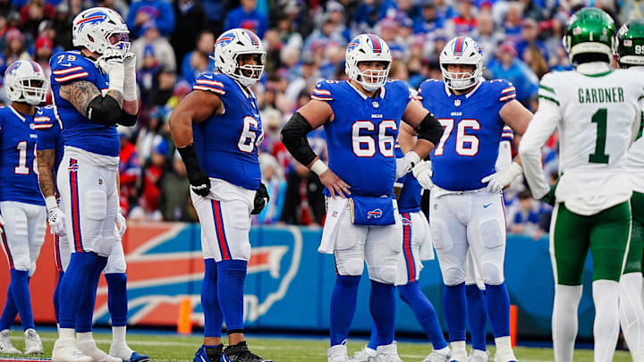 Buffalo Bills offensive tackle Spencer Brown (79), Buffalo Bills guard O'Cyrus Torrence (64), Buffalo Bills guard Connor McGovern (66) and Buffalo Bills guard David Edwards (76).