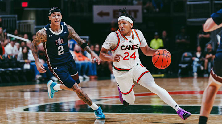 Miami Hurricanes Men's Point Guard Nijel Pack (24) dribbling past a FDU defender to score.