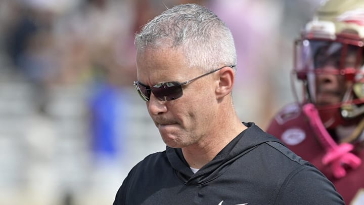 Oct 11, 2025; Tallahassee, Florida, USA; Florida State Seminoles head coach Mike Norvell after losing the game to the Pittsburgh Panthers at Doak S. Campbell Stadium. Mandatory Credit: Melina Myers-Imagn Images