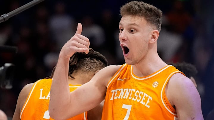 Tennessee forward Igor Milicic Jr. (7) celebrates after their victory against Auburn in a Southeastern Conference tournament semifinal game at Bridgestone Arena in Nashville, Tenn., Saturday, March 15, 2025.