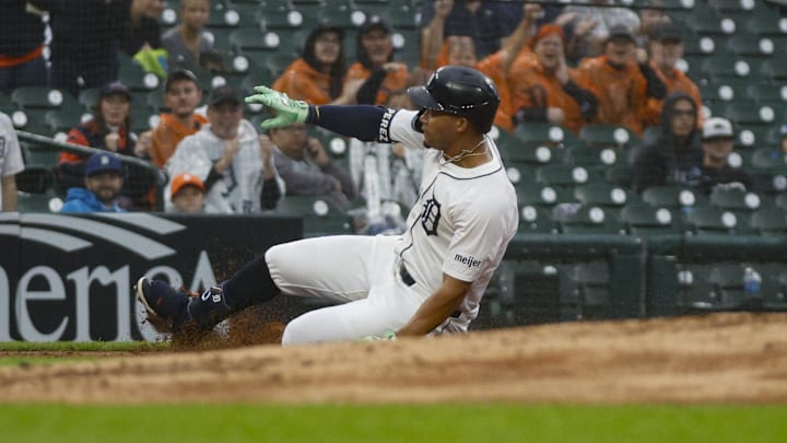 Detroit Tigers outfielder Wenceel Perez slides into third base after hitting a triple against the Chicago White Sox. Detroit Tigers outfielder Wenceel Perez slides into third base after hitting a triple against the Chicago White Sox.