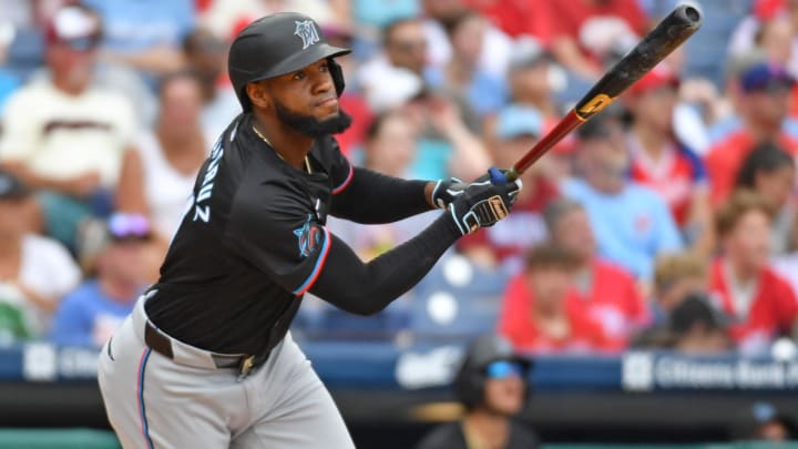 Jun 30, 2024; Philadelphia, Pennsylvania, USA; Miami Marlins outfielder Bryan De La Cruz (14) watches his home run against the Philadelphia Phillies during the third inning at Citizens Bank Park. Mandatory Credit: Eric Hartline-USA TODAY Sports Jun 30, 2024; Philadelphia, Pennsylvania, USA; Miami Marlins outfielder Bryan De La Cruz (14) watches his home run against the Philadelphia Phillies during the third inning at Citizens Bank Park. Mandatory Credit: Eric Hartline-USA TODAY Sports