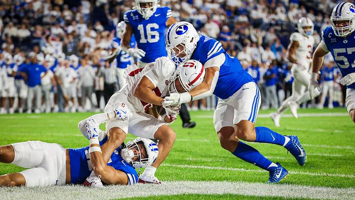 BYU linebacker Jack Kelly and Faletau Satuala force a safety against Stanford BYU linebacker Jack Kelly and Faletau Satuala force a safety against Stanford