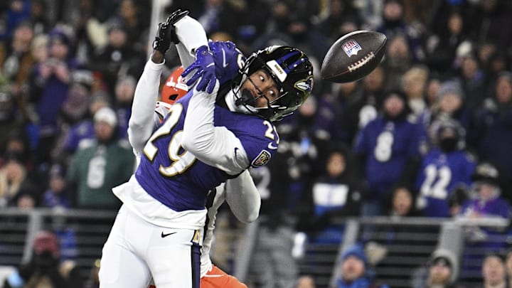 Baltimore Ravens safety Ar'Darius Washington breaks up a pass intended for Cleveland Browns wide receiver Jerry Jeudy.