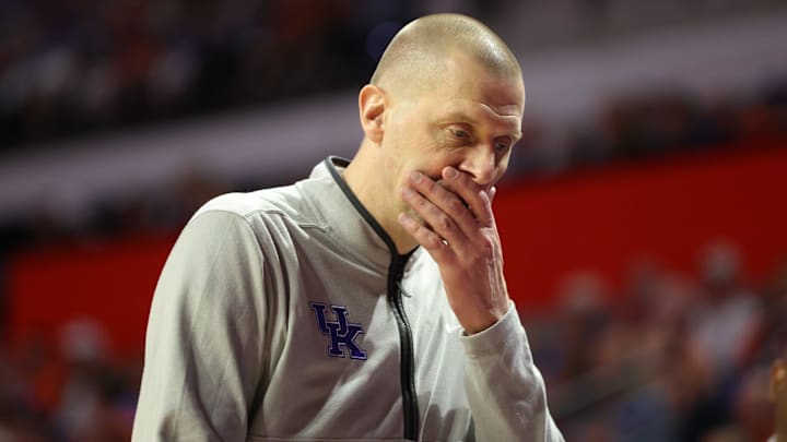 Kentucky head coach Mark Pope reacts during the first half of a NCAA mens basketball game at Steven C. O'Connell Center Exactek arena in Gainesville, FL on Saturday, February 14, 2026. [Alan Youngblood/Gainesville Sun]