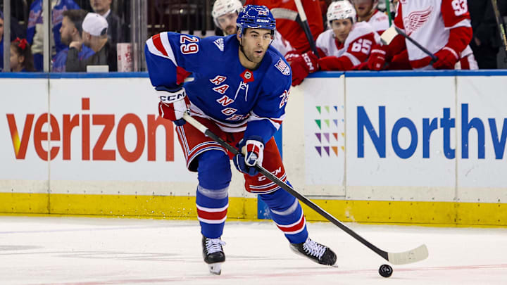 Apr 4, 2026; New York, New York, USA; New York Rangers defenseman Matthew Robertson (29) skates with the puck against the Detroit Red Wings during the second period at Madison Square Garden. Mandatory Credit: Danny Wild-Imagn Images