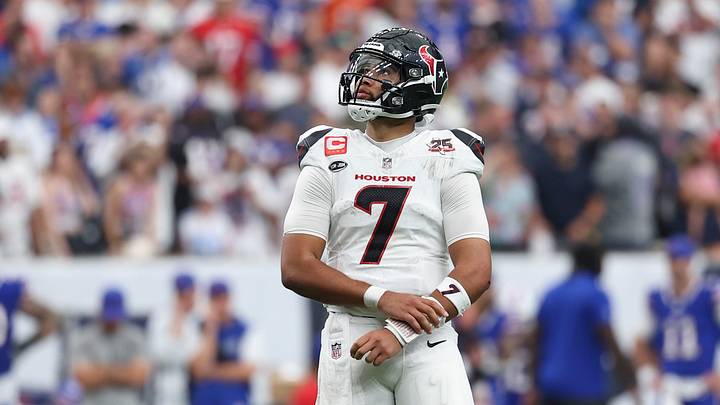 Sep 13, 2026; Houston, Texas, USA; Houston Texans quarterback C.J. Stroud (7) looks up after a play during the game against the Buffalo Bills at Reliant Stadium. Mandatory Credit: Troy Taormina-Imagn Images Sep 13, 2026; Houston, Texas, USA; Houston Texans quarterback C.J. Stroud (7) looks up after a play during the game against the Buffalo Bills at Reliant Stadium. Mandatory Credit: Troy Taormina-Imagn Images