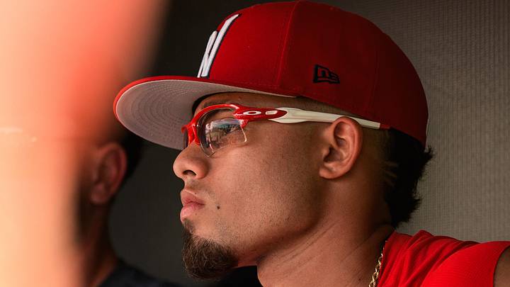 Franklin Arias meets with media inside the home dugout at Polar Park on July 24, 2026. The Red Sox' No. 1 prospect was promoted to Triple-A Worcester from Double-A Portland on Friday.
