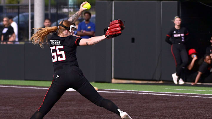 Texas Tech pitcher Kaitlyn Terry winds up against ACU during Tuesday’s softball game in Abilene Tuesday March 31, 2026. Final score was 9-1, Texas Tech.
