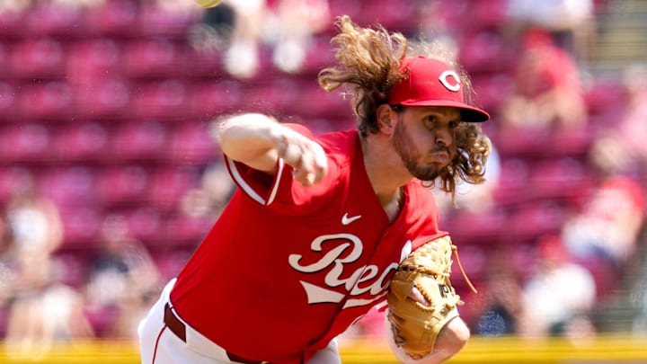 Cincinnati Reds pitcher Scott Barlow (58) throws a pitch in the sixth inning of a MLB game between the Cincinnati Reds and Colorado Rockies, Sunday, July 13, 2025, at Great American Ball Park in Downtown Cincinnati. Reds won 4-2.