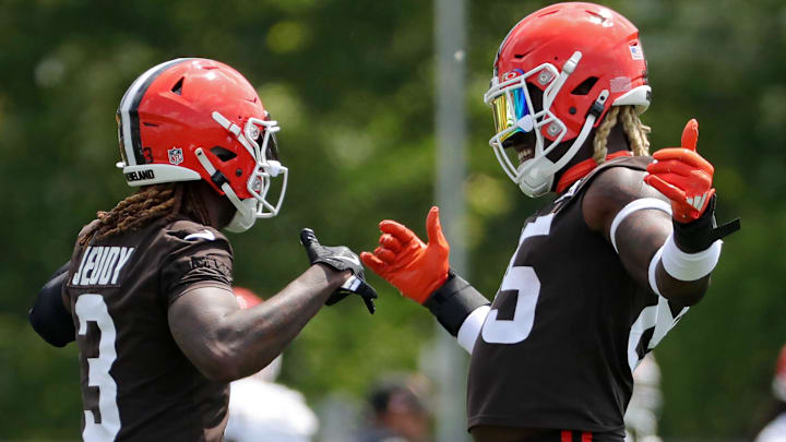 Cleveland Browns wide receiver Jerry Jeudy (3) and tight end David Njoku (85) share a moment during practice at minicamp June 10, 2025, in Berea, Ohio.