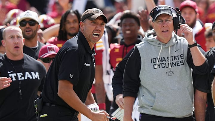 Iowa State Cyclones head coach Matt Campbell and defensive coordinator Jon Heacock reacts during the fourth quarter against Iowa in the Cy-Hawk football at Jack Trice Stadium on Sept. 6, 2025, in Ames, Iowa