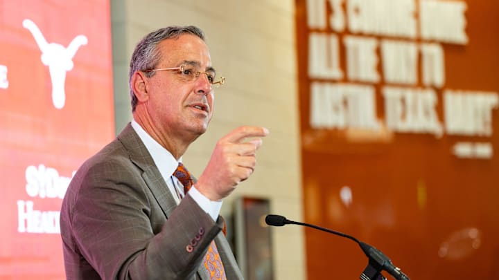Athletic director Chris Del Conte speaks during a press conference as The University of Texas announces Sean Miller as their new men's basketball coach Tuesday, March 25, 2025.