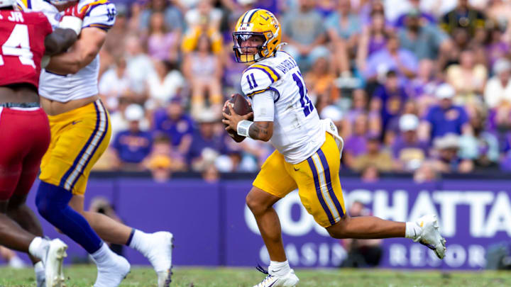 Tigers Quarterback Michael Van Buren Jr 11, LSU Tigers take on the Arkansas Razorbacks. November 15, 2025; Baton Rouge, Louisiana, USA; at Tiger Stadium.