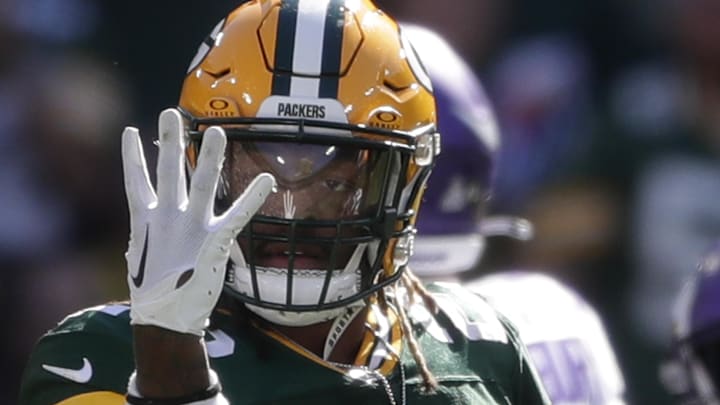 Green Bay Packers safety Xavier McKinney (29) celebrates an interception against the Minnesota Vikings.