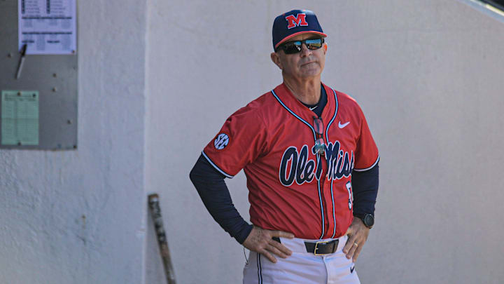 Ole Miss head coach Mike Bianco (5) reacts during the game against Mississippi State in Oxford, Miss. on Saturday, March 28, 2026.