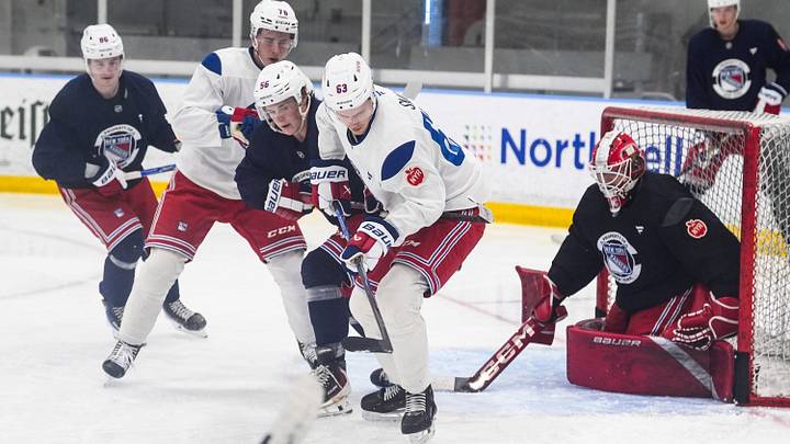 NY Rangers prospect, and first round draft pick, Alberts Šmits (63) works against Felix Farhammar (56) during a prospect development camp at the NY Rangers practice facility in Elmsford on Wednesday, July 1, 2026. NY Rangers prospect, and first round draft pick, Alberts Šmits (63) works against Felix Farhammar (56) during a prospect development camp at the NY Rangers practice facility in Elmsford on Wednesday, July 1, 2026.