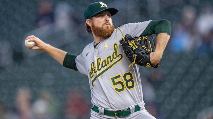 Sep 26, 2023; Minneapolis, Minnesota, USA; Oakland Athletics starting pitcher Paul Blackburn (58)