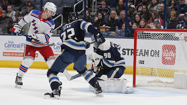 Feb 25, 2024; Columbus, Ohio, USA; Columbus Blue Jackets goalie Elvis Merzlikins (90) makes a save
