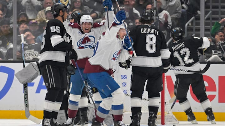 Apr 23, 2026; Los Angeles, California, USA; Colorado Avalanche left wing Artturi Lehkonen (62) and center Nathan MacKinnon (29) celebrate a goal in the second period of game three of the first round of the 2026 Stanley Cup Playoffs against the Los Angeles Kings at Crypto.com Arena. Mandatory Credit: Jayne Kamin-Oncea-Imagn Images