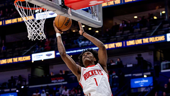 Mar 6, 2025; New Orleans, Louisiana, USA; Houston Rockets forward Amen Thompson (1) drives to the basket against New Orleans Pelicans guard Jose Alvarado (15) during the second half at Smoothie King Center. Mandatory Credit: Stephen Lew-Imagn Images Mar 6, 2025; New Orleans, Louisiana, USA; Houston Rockets forward Amen Thompson (1) drives to the basket against New Orleans Pelicans guard Jose Alvarado (15) during the second half at Smoothie King Center. Mandatory Credit: Stephen Lew-Imagn Images