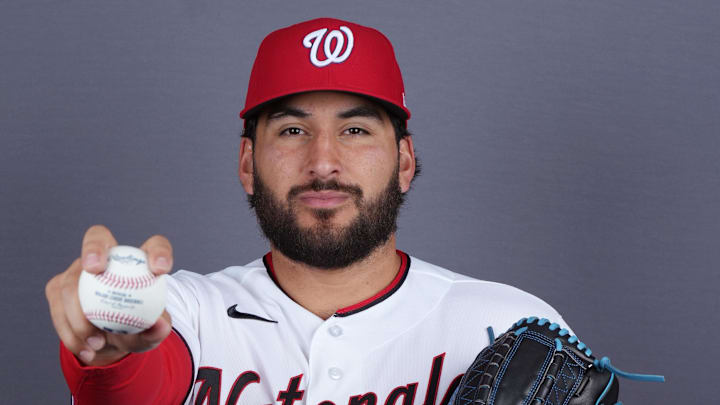 Feb 20, 2026; Palm Beach County, FL, USA;  Washington Nationals pitcher Andre Granillo (79) poses for a portrait during photo day at CACTI Park of the Palm Beaches. Mandatory Credit: Jim Rassol-Imagn Images