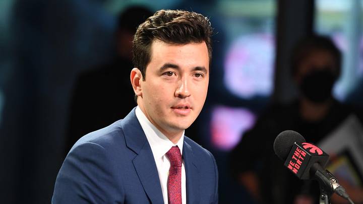 Sep 27, 2021; Toronto, Ontario, Canada;  Toronto Raptors general manager Bobby Webster speaks to the media  during Media Day at Scotiabank Arena. Mandatory Credit: Dan Hamilton-Imagn Images