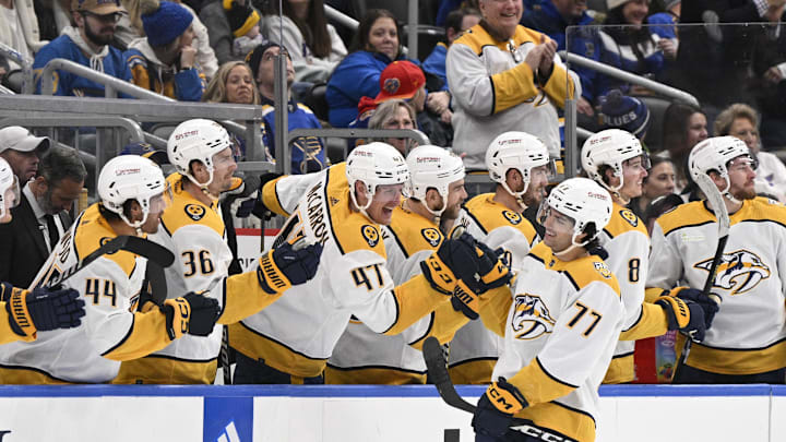 Feb 17, 2024; St. Louis, Missouri, USA; Nashville Predators right wing Luke Evangelista (77) is